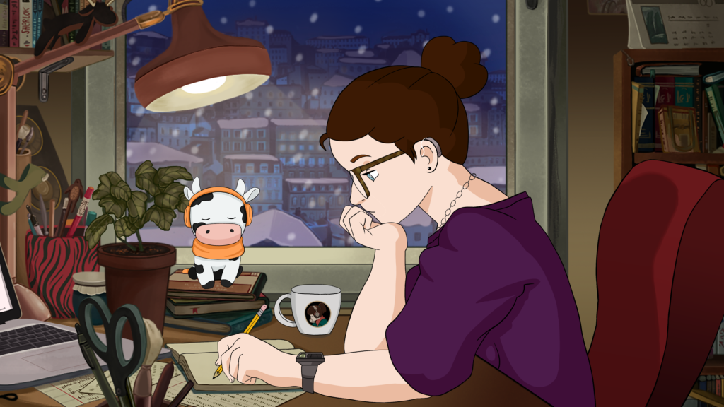 A cartoon avatar of a woman working at a desk.